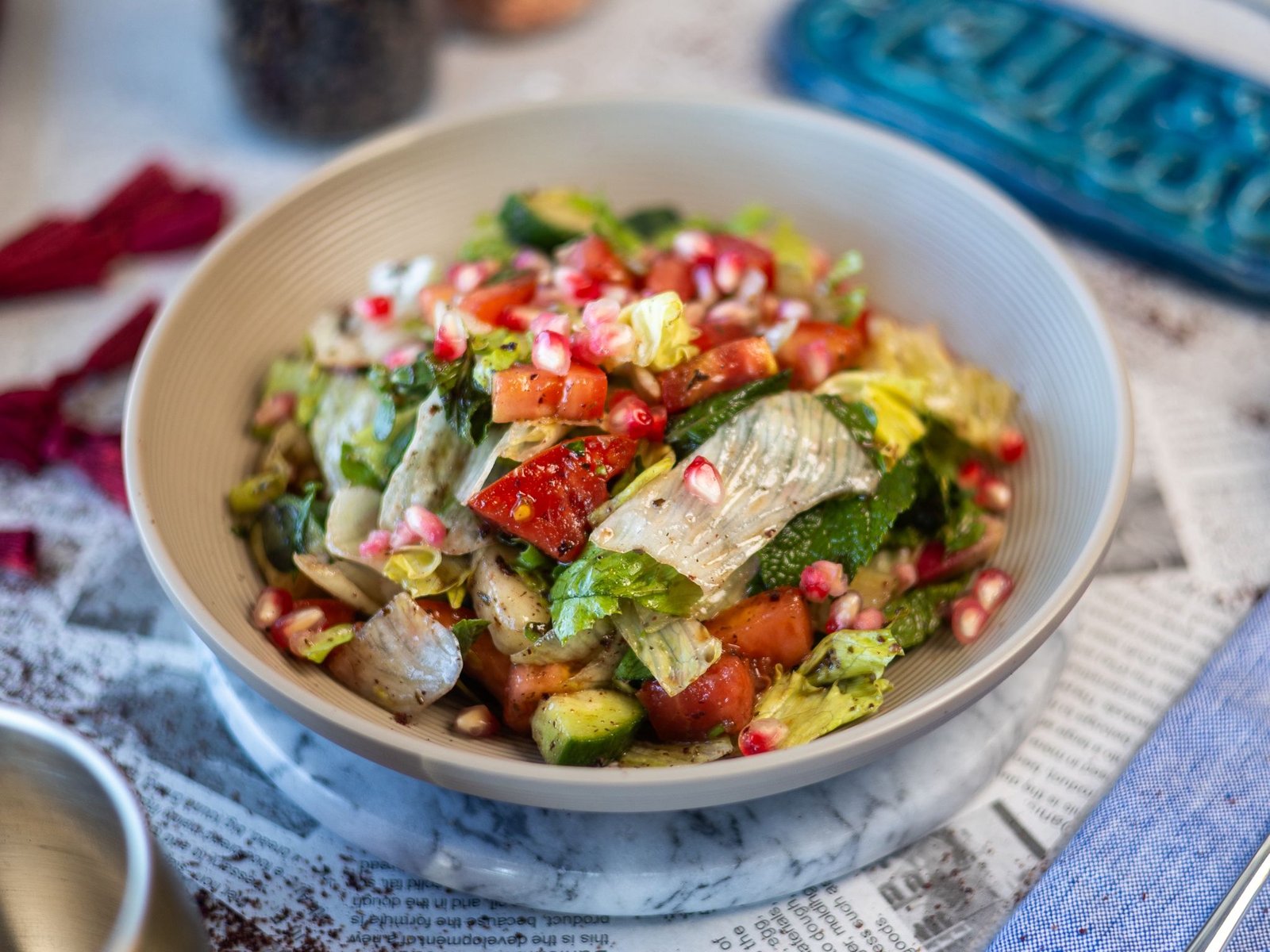 Fattoush salad with pomegranate, mint and sumac